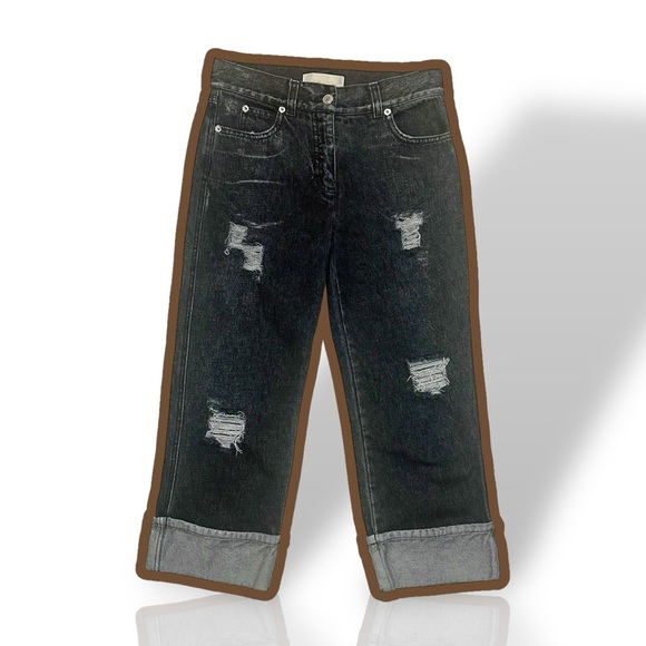 Michael Kors Black Distressed Rolled Cuff Straight Leg Cropped Jeans Size 0 - Picture 1 of 7